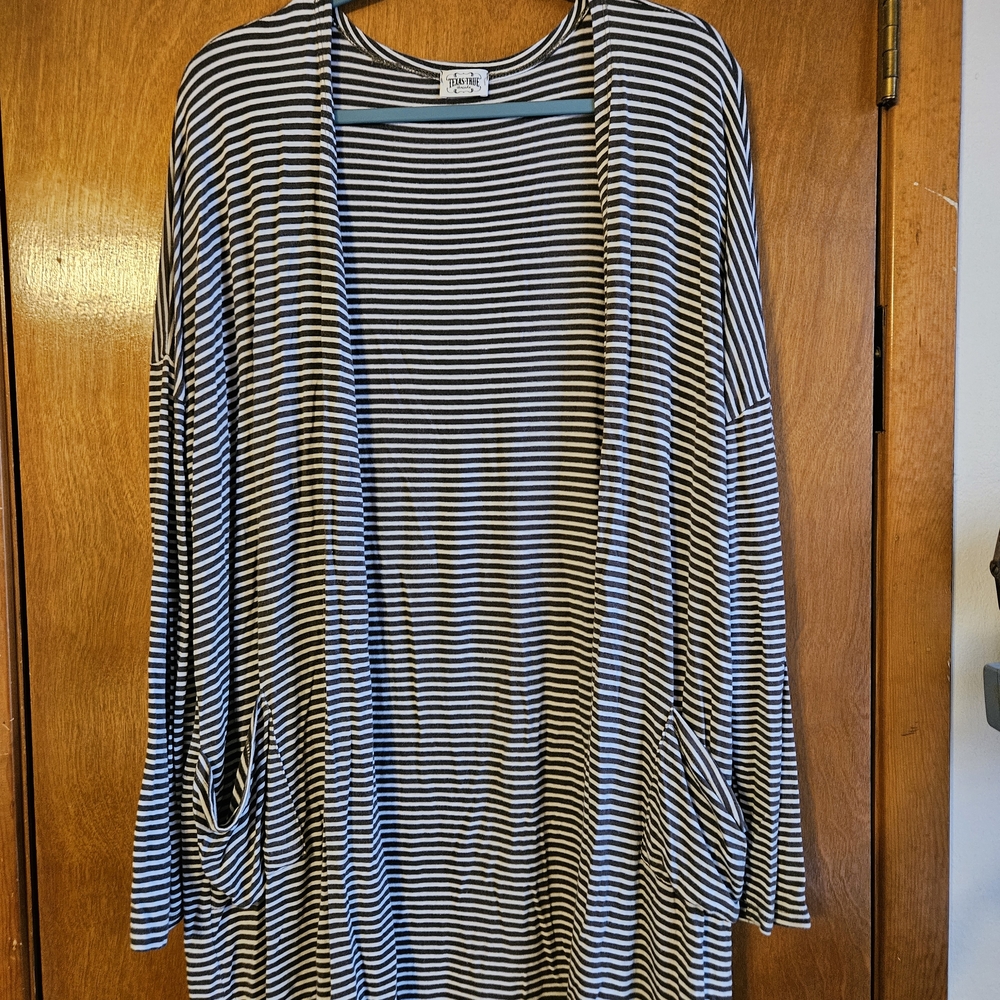 Striped Open-Front Cardigan Sweater - Sage Green & White